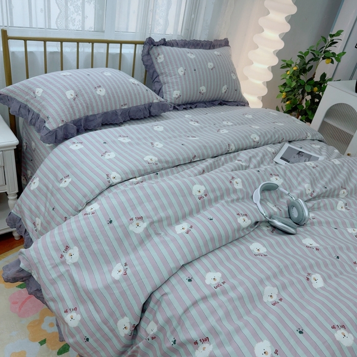 91家纺网 家纺一手货源 找家纺 暖居 2025春夏款高温砂洗棉花床盖三件套被套四件套同款纯棉夏被空调被四季 旺仔紫