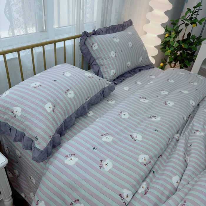 91家纺网 家纺一手货源 找家纺 暖居 2025春夏款高温砂洗棉花床盖三件套被套四件套同款纯棉夏被空调被四季 旺仔紫