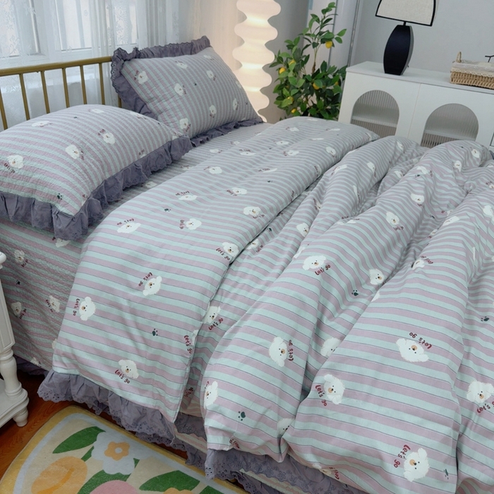 91家纺网 家纺一手货源 找家纺 暖居 2025春夏款高温砂洗棉花床盖三件套被套四件套同款纯棉夏被空调被四季 旺仔紫