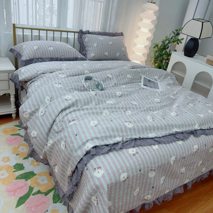 91家纺网 家纺一手货源 找家纺 暖居 2025春夏款高温砂洗棉花床盖三件套被套四件套同款纯棉夏被空调被四季 旺仔紫