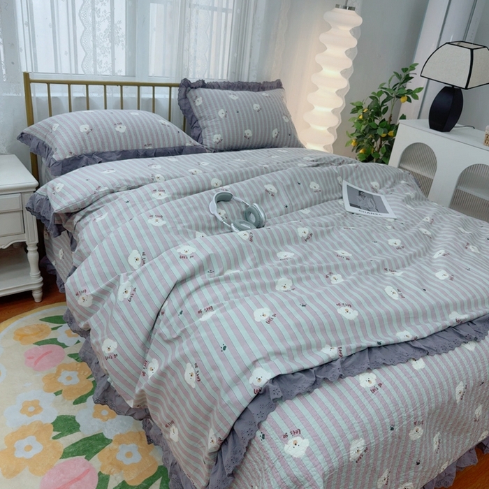 91家纺网 家纺一手货源 找家纺 暖居 2025春夏款高温砂洗棉花床盖三件套被套四件套同款纯棉夏被空调被四季 旺仔紫