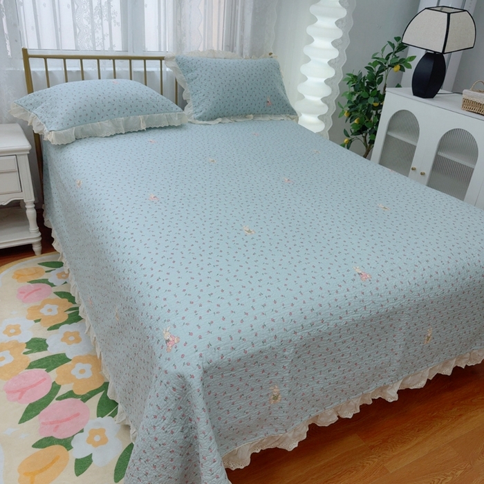 91家纺网 家纺一手货源 找家纺 暖居 2025春夏款高温砂洗棉花床盖三件套被套四件套同款纯棉夏被空调被四季  碎碎兔蓝