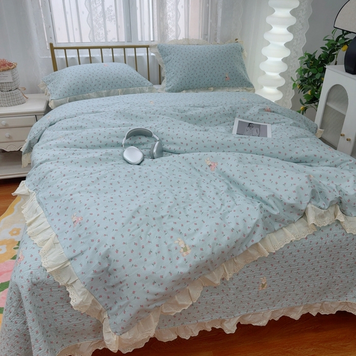 暖居 2025春夏款高温砂洗棉花床盖三件套被套四件套同款纯棉夏被空调被四季  碎碎兔蓝