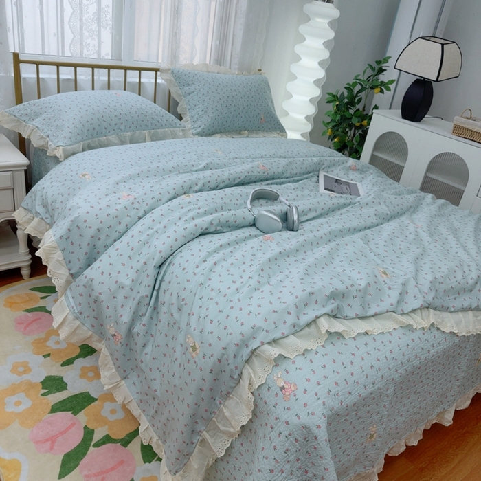 91家纺网 家纺一手货源 找家纺 暖居 2025春夏款高温砂洗棉花床盖三件套被套四件套同款纯棉夏被空调被四季  碎碎兔蓝