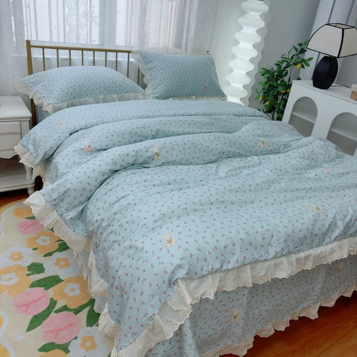 91家纺网 家纺一手货源 找家纺 暖居 2025春夏款高温砂洗棉花床盖三件套被套四件套同款纯棉夏被空调被四季  碎碎兔蓝