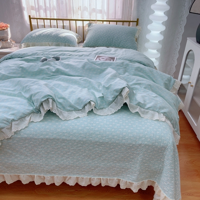 91家纺网 家纺一手货源 找家纺 暖居 2025春夏款高温砂洗棉花床盖三件套被套四件套同款纯棉夏被空调被四季 青柠