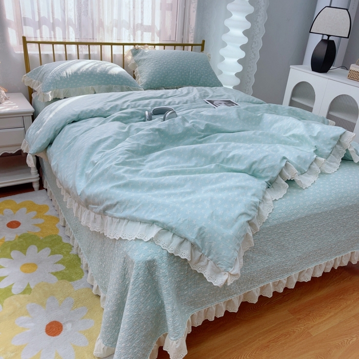 暖居 2025春夏款高温砂洗棉花床盖三件套被套四件套同款纯棉夏被空调被四季 青柠