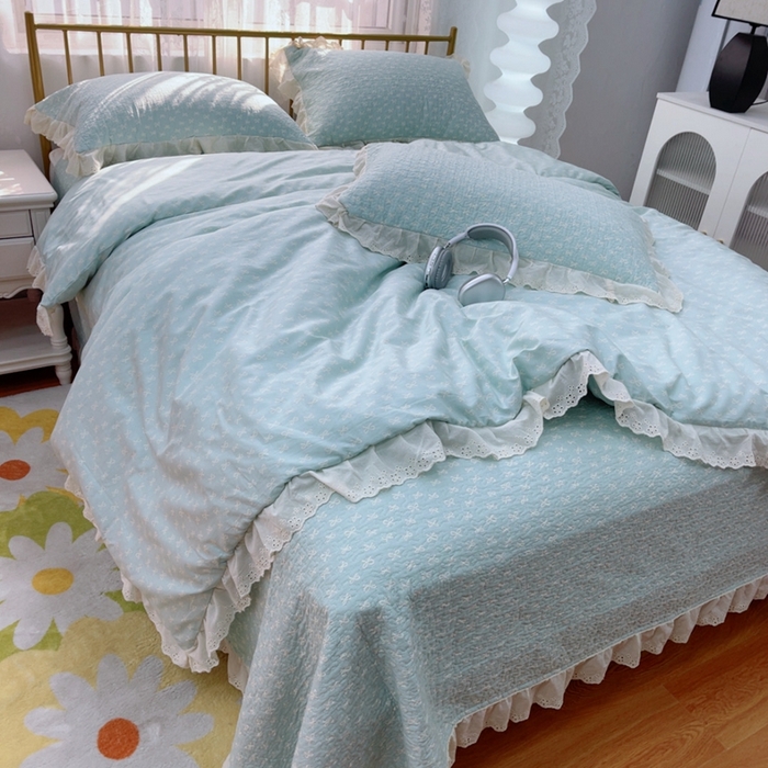 91家纺网 家纺一手货源 找家纺 暖居 2025春夏款高温砂洗棉花床盖三件套被套四件套同款纯棉夏被空调被四季 青柠