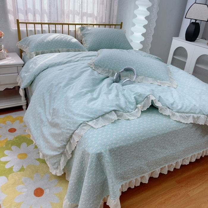 91家纺网 家纺一手货源 找家纺 暖居 2025春夏款高温砂洗棉花床盖三件套被套四件套同款纯棉夏被空调被四季 青柠