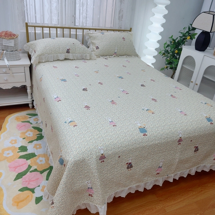 91家纺网 家纺一手货源 找家纺 暖居 2025春夏款高温砂洗棉花床盖三件套被套四件套同款纯棉夏被空调被四季 鲜花兔