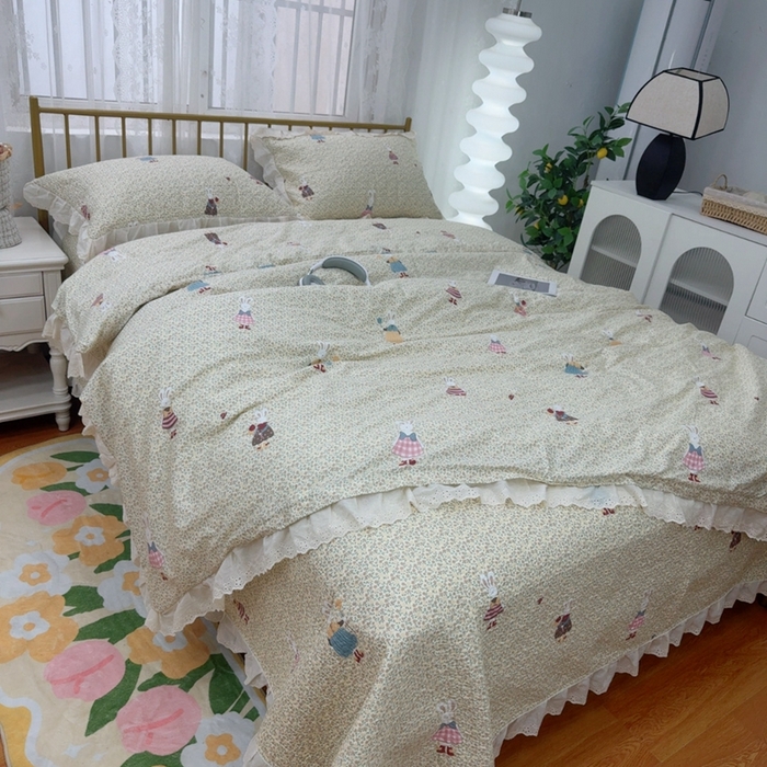 91家纺网 家纺一手货源 找家纺 暖居 2025春夏款高温砂洗棉花床盖三件套被套四件套同款纯棉夏被空调被四季 鲜花兔