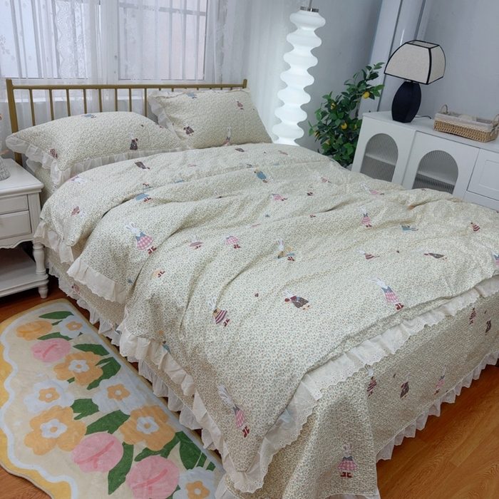 91家纺网 家纺一手货源 找家纺 暖居 2025春夏款高温砂洗棉花床盖三件套被套四件套同款纯棉夏被空调被四季 鲜花兔