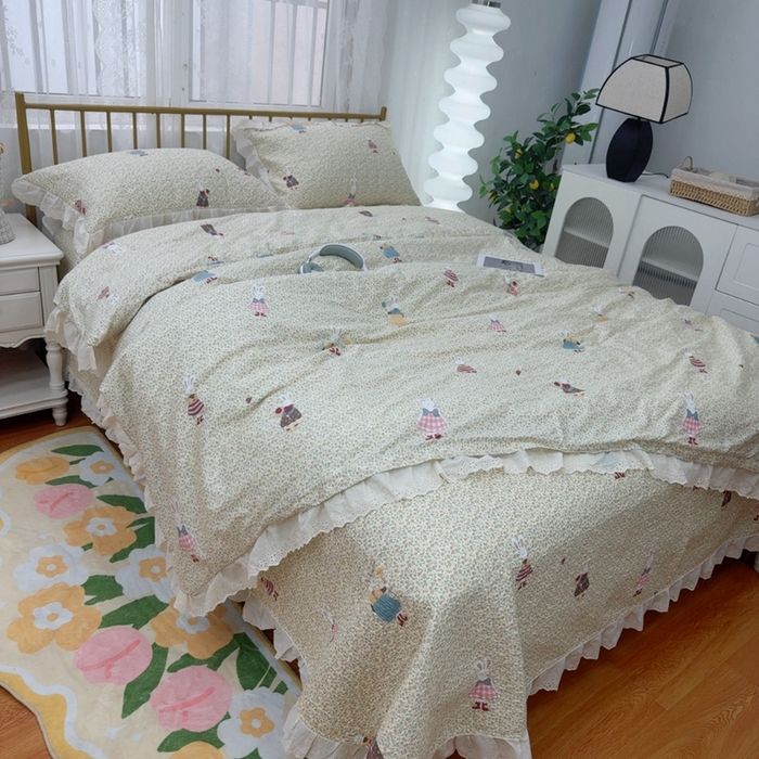 91家纺网 家纺一手货源 找家纺 暖居 2025春夏款高温砂洗棉花床盖三件套被套四件套同款纯棉夏被空调被四季 鲜花兔