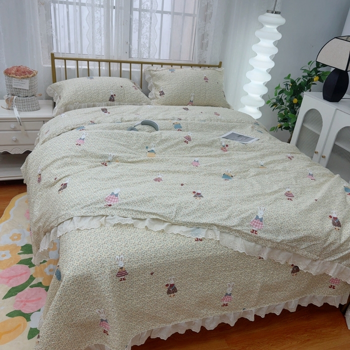 91家纺网 家纺一手货源 找家纺 暖居 2025春夏款高温砂洗棉花床盖三件套被套四件套同款纯棉夏被空调被四季 鲜花兔