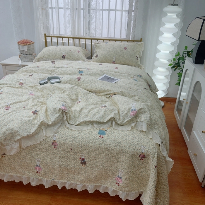 91家纺网 家纺一手货源 找家纺 暖居 2025春夏款高温砂洗棉花床盖三件套被套四件套同款纯棉夏被空调被四季 鲜花兔