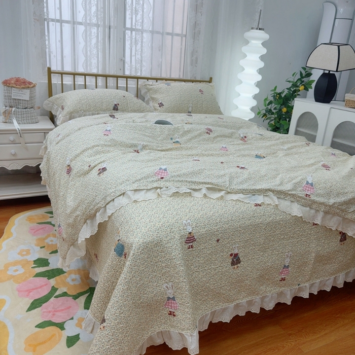 91家纺网 家纺一手货源 找家纺 暖居 2025春夏款高温砂洗棉花床盖三件套被套四件套同款纯棉夏被空调被四季 鲜花兔