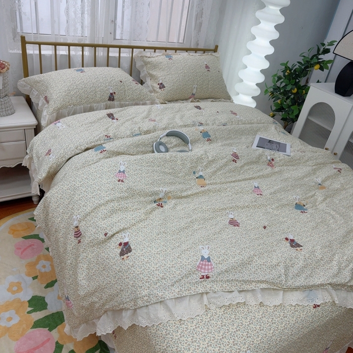 91家纺网 家纺一手货源 找家纺 暖居 2025春夏款高温砂洗棉花床盖三件套被套四件套同款纯棉夏被空调被四季 鲜花兔