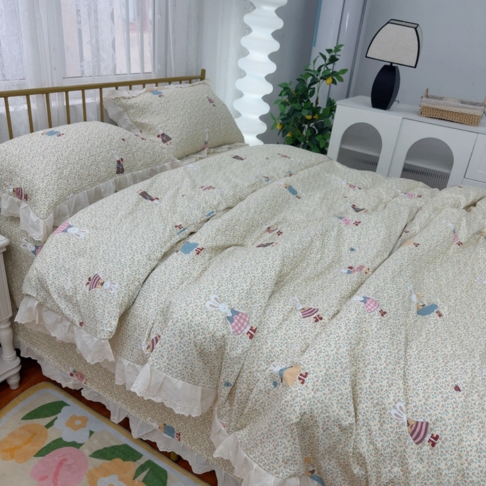 91家纺网 家纺一手货源 找家纺 暖居 2025春夏款高温砂洗棉花床盖三件套被套四件套同款纯棉夏被空调被四季 鲜花兔