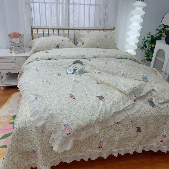 暖居 2025春夏款高温砂洗棉花床盖三件套被套四件套同款纯棉夏被空调被四季 鲜花兔