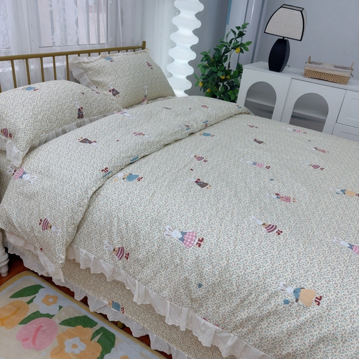 91家纺网 家纺一手货源 找家纺 暖居 2025春夏款高温砂洗棉花床盖三件套被套四件套同款纯棉夏被空调被四季 鲜花兔