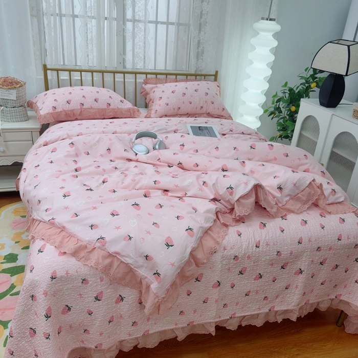 暖居 2025春夏款高温砂洗棉花床盖三件套被套四件套同款纯棉夏被空调被四季  草莓公主