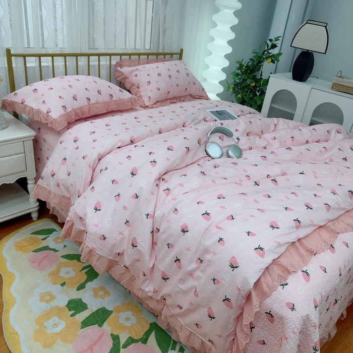 91家纺网 家纺一手货源 找家纺 暖居 2025春夏款高温砂洗棉花床盖三件套被套四件套同款纯棉夏被空调被四季  草莓公主