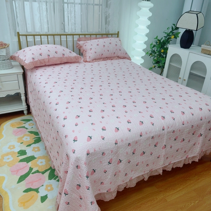 91家纺网 家纺一手货源 找家纺 暖居 2025春夏款高温砂洗棉花床盖三件套被套四件套同款纯棉夏被空调被四季  草莓公主