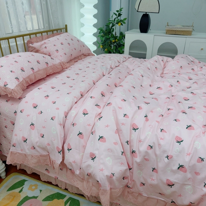 91家纺网 家纺一手货源 找家纺 暖居 2025春夏款高温砂洗棉花床盖三件套被套四件套同款纯棉夏被空调被四季  草莓公主