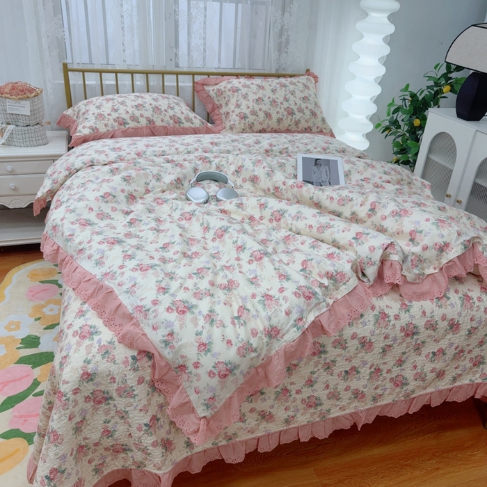 暖居 2025春夏款高温砂洗棉花床盖三件套被套四件套同款纯棉夏被空调被四季 悠然花香