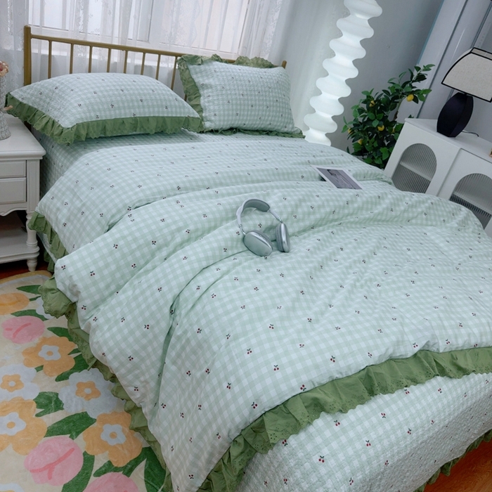 91家纺网 家纺一手货源 找家纺 暖居 2025春夏款高温砂洗棉花床盖三件套被套四件套同款纯棉夏被空调被四季 小樱桃-绿