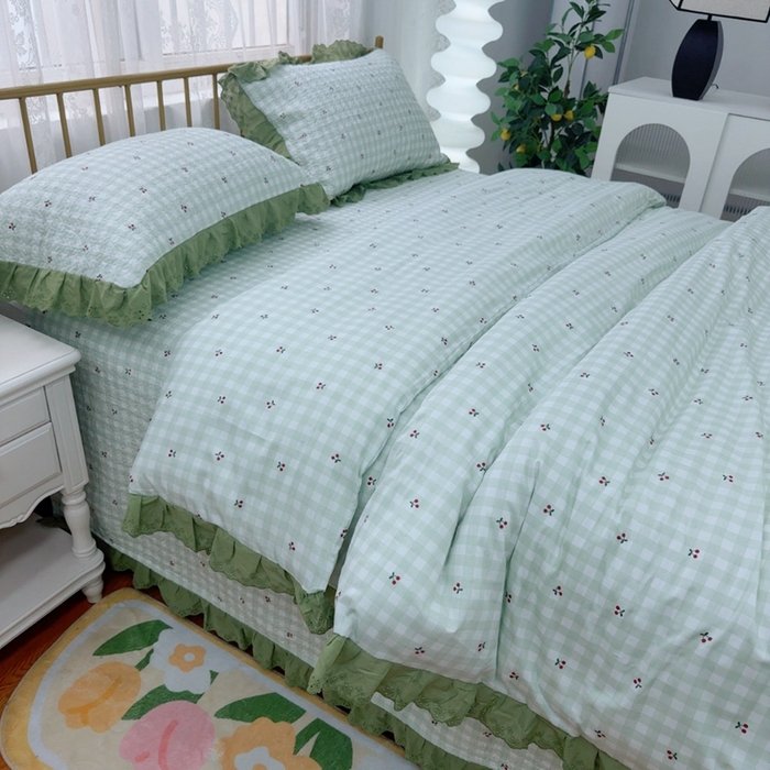 91家纺网 家纺一手货源 找家纺 暖居 2025春夏款高温砂洗棉花床盖三件套被套四件套同款纯棉夏被空调被四季 小樱桃-绿
