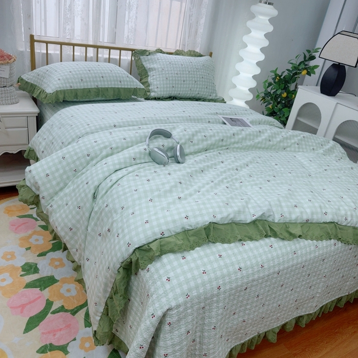 91家纺网 家纺一手货源 找家纺 暖居 2025春夏款高温砂洗棉花床盖三件套被套四件套同款纯棉夏被空调被四季 小樱桃-绿