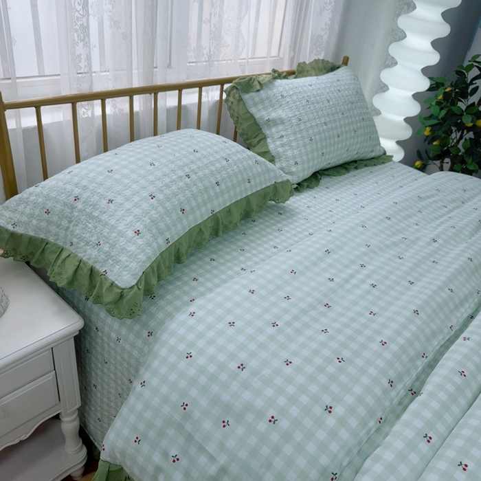 91家纺网 家纺一手货源 找家纺 暖居 2025春夏款高温砂洗棉花床盖三件套被套四件套同款纯棉夏被空调被四季 小樱桃-绿