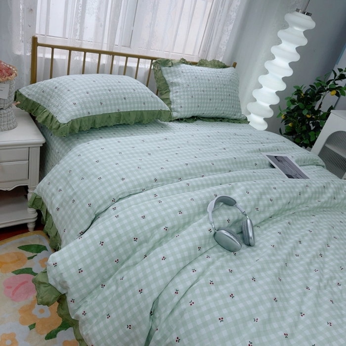 91家纺网 家纺一手货源 找家纺 暖居 2025春夏款高温砂洗棉花床盖三件套被套四件套同款纯棉夏被空调被四季 小樱桃-绿