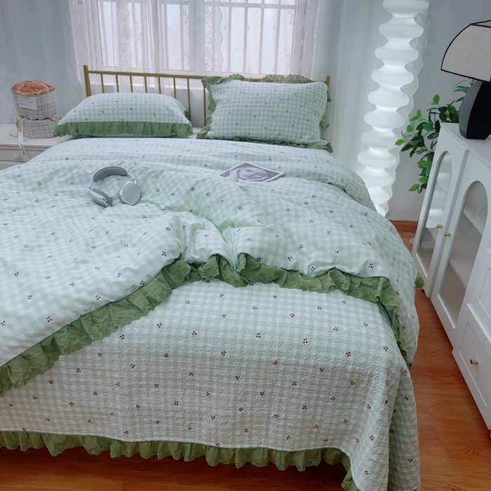 91家纺网 家纺一手货源 找家纺 暖居 2025春夏款高温砂洗棉花床盖三件套被套四件套同款纯棉夏被空调被四季 小樱桃-绿