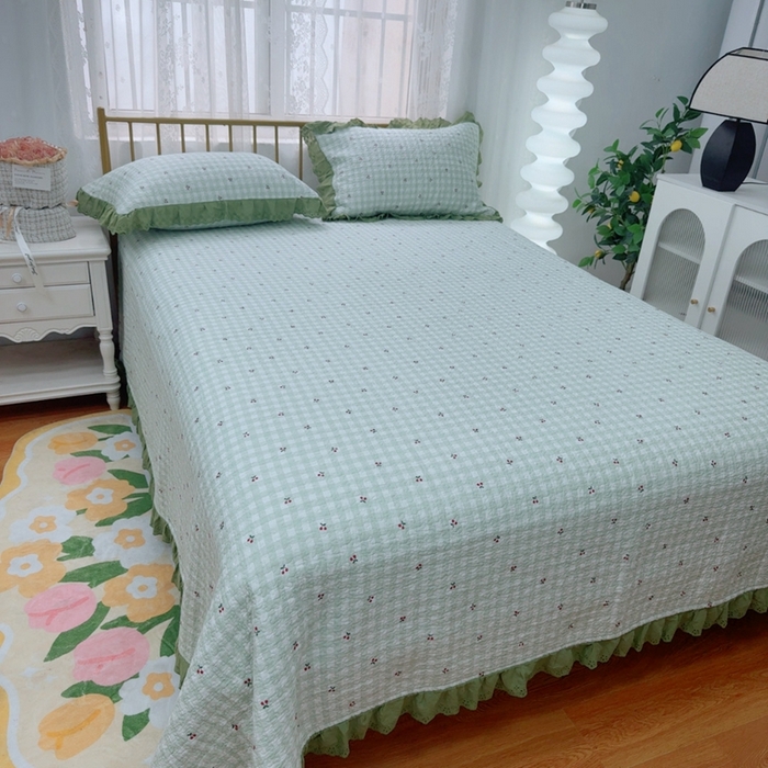 91家纺网 家纺一手货源 找家纺 暖居 2025春夏款高温砂洗棉花床盖三件套被套四件套同款纯棉夏被空调被四季 小樱桃-绿