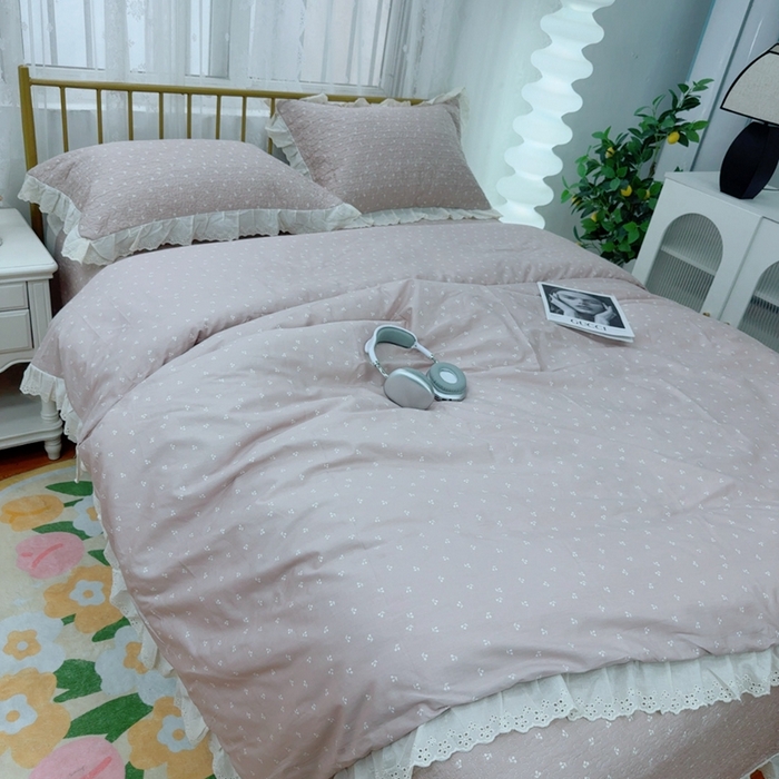 91家纺网 家纺一手货源 找家纺 暖居 2025春夏款高温砂洗棉花床盖三件套被套四件套同款纯棉夏被空调被四季 小樱桃-粉