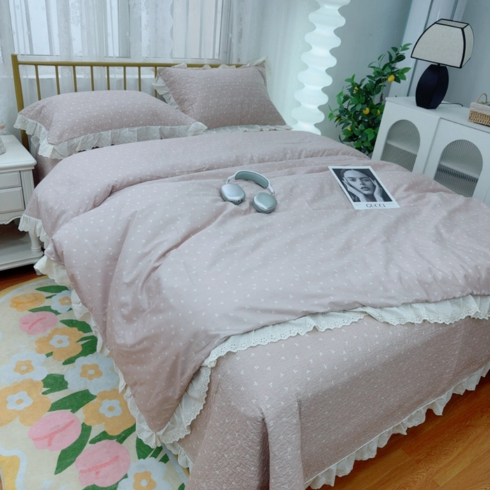 91家纺网 家纺一手货源 找家纺 暖居 2025春夏款高温砂洗棉花床盖三件套被套四件套同款纯棉夏被空调被四季 小樱桃-粉
