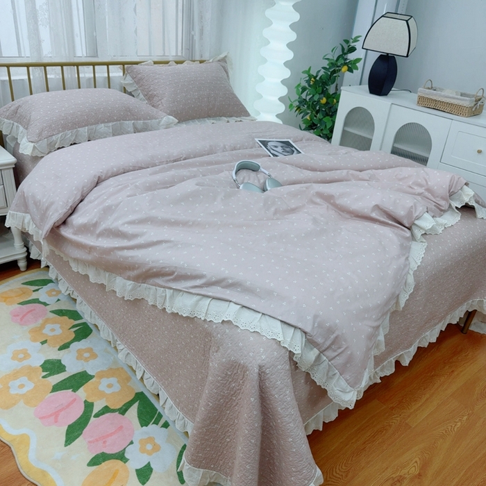 91家纺网 家纺一手货源 找家纺 暖居 2025春夏款高温砂洗棉花床盖三件套被套四件套同款纯棉夏被空调被四季 小樱桃-粉