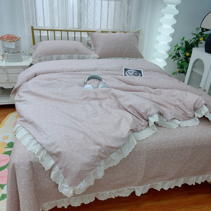 暖居 2025春夏款高温砂洗棉花床盖三件套被套四件套同款纯棉夏被空调被四季 小樱桃-粉