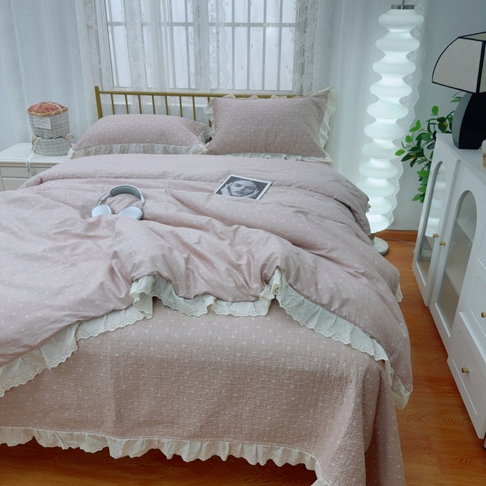 91家纺网 家纺一手货源 找家纺 暖居 2025春夏款高温砂洗棉花床盖三件套被套四件套同款纯棉夏被空调被四季 小樱桃-粉