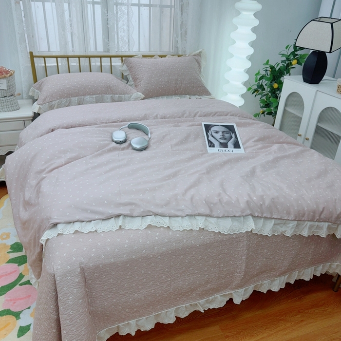 91家纺网 家纺一手货源 找家纺 暖居 2025春夏款高温砂洗棉花床盖三件套被套四件套同款纯棉夏被空调被四季 小樱桃-粉