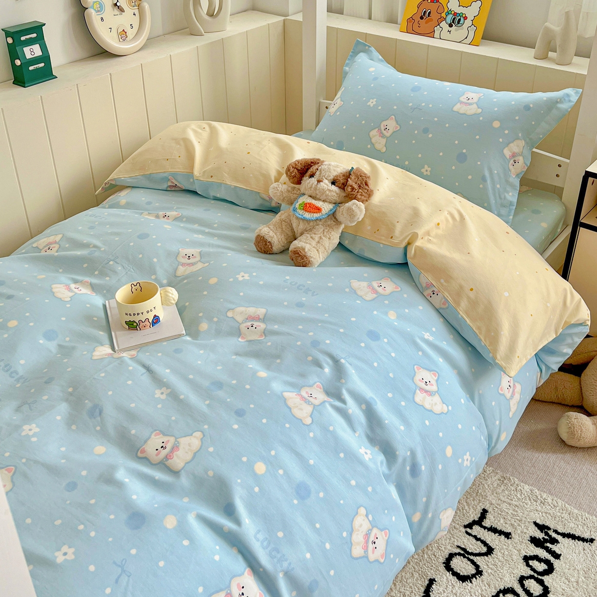 91家纺网 家纺一手货源 找家纺 春雨家居 2025新款学生季全棉三件套（预留缩水） 24.蓝色泡芙狗