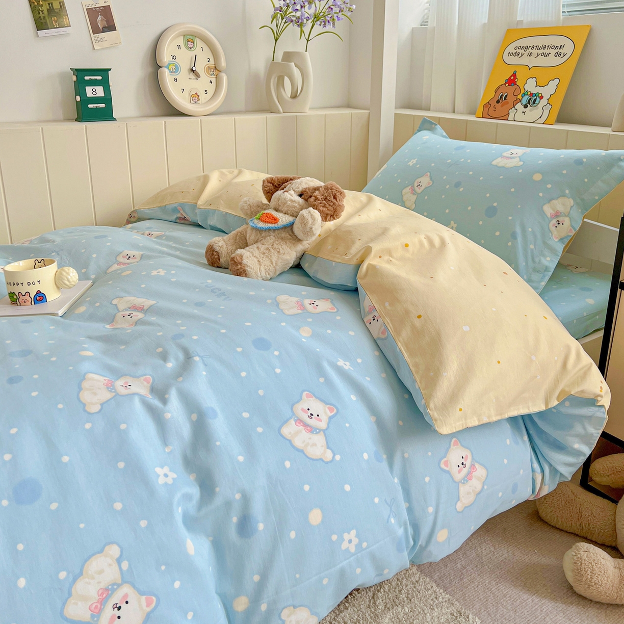 91家纺网 家纺一手货源 找家纺 春雨家居 2025新款学生季全棉三件套（预留缩水） 24.蓝色泡芙狗