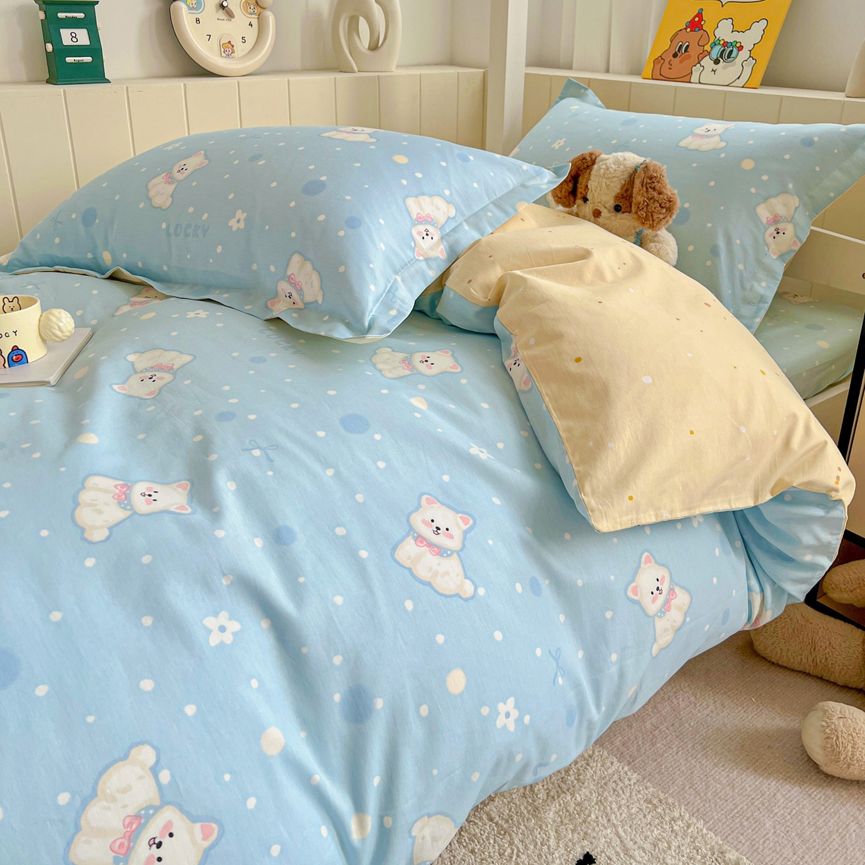 91家纺网 家纺一手货源 找家纺 春雨家居 2025新款学生季全棉三件套（预留缩水） 24.蓝色泡芙狗