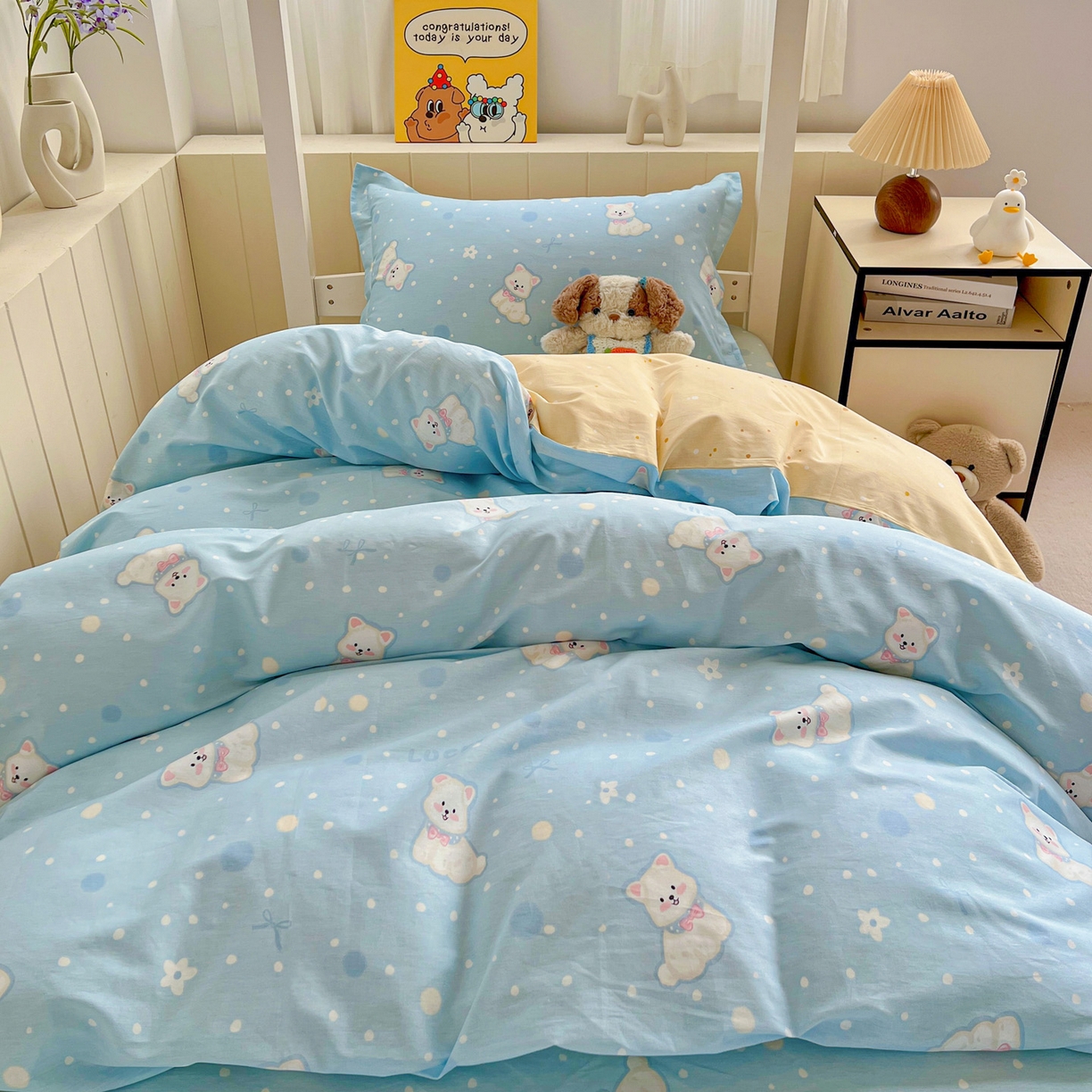 91家纺网 家纺一手货源 找家纺 春雨家居 2025新款学生季全棉三件套（预留缩水） 24.蓝色泡芙狗