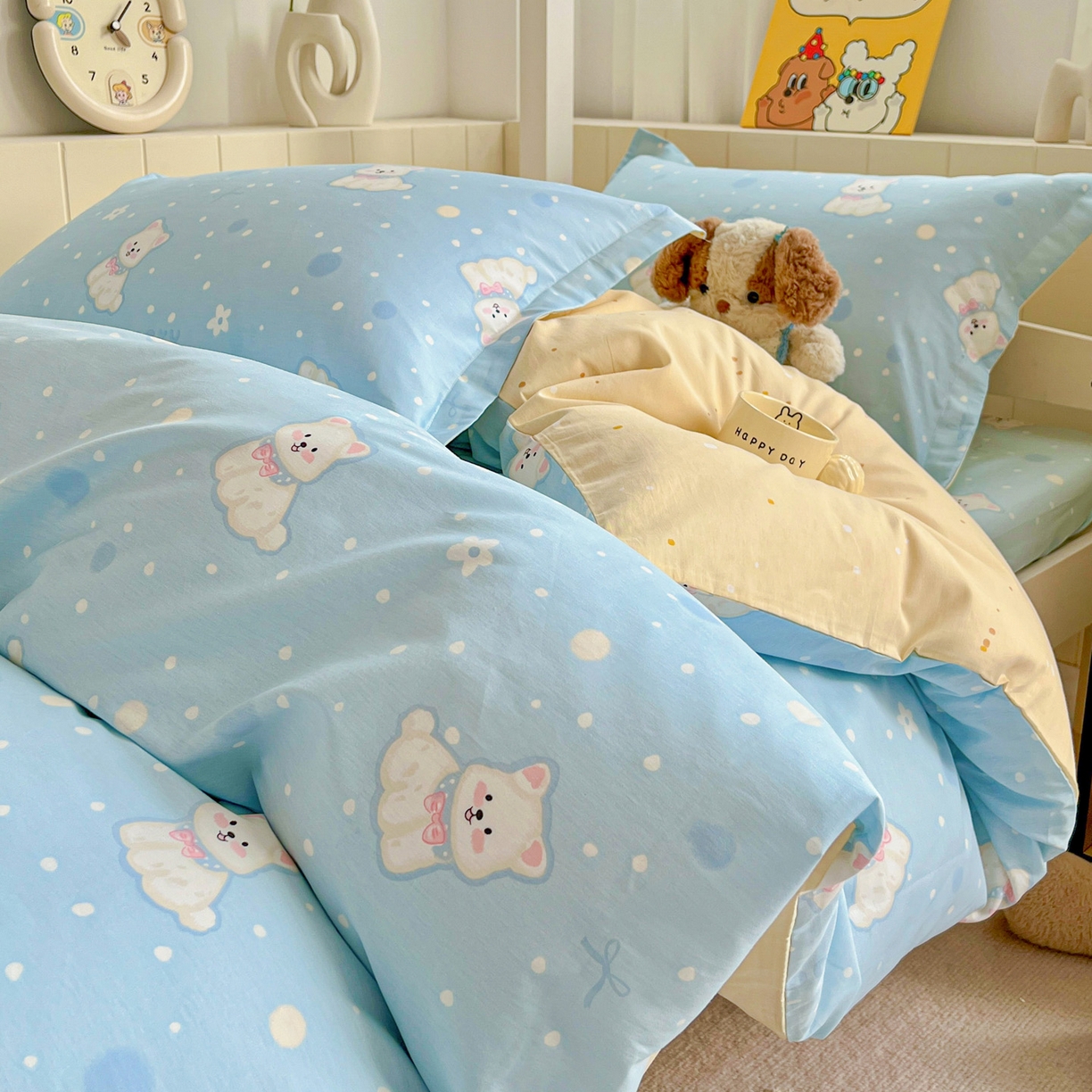 91家纺网 家纺一手货源 找家纺 春雨家居 2025新款学生季全棉三件套（预留缩水） 24.蓝色泡芙狗