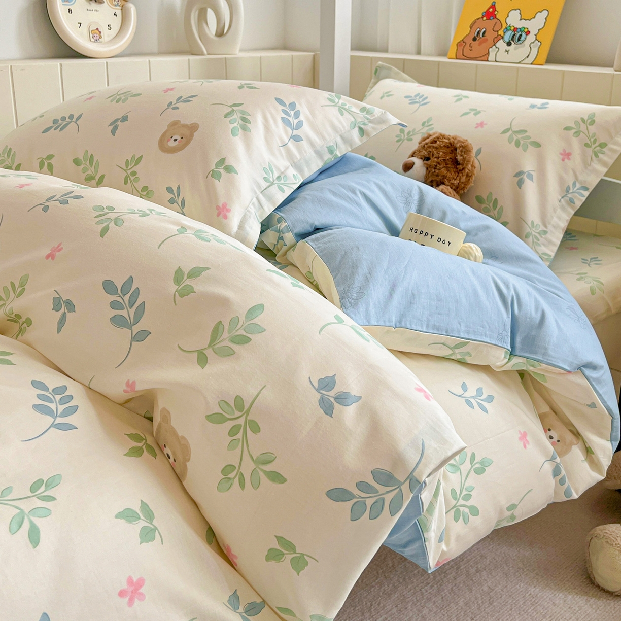 91家纺网 家纺一手货源 找家纺 春雨家居 2025新款学生季全棉三件套（预留缩水） 22.叶中萌熊