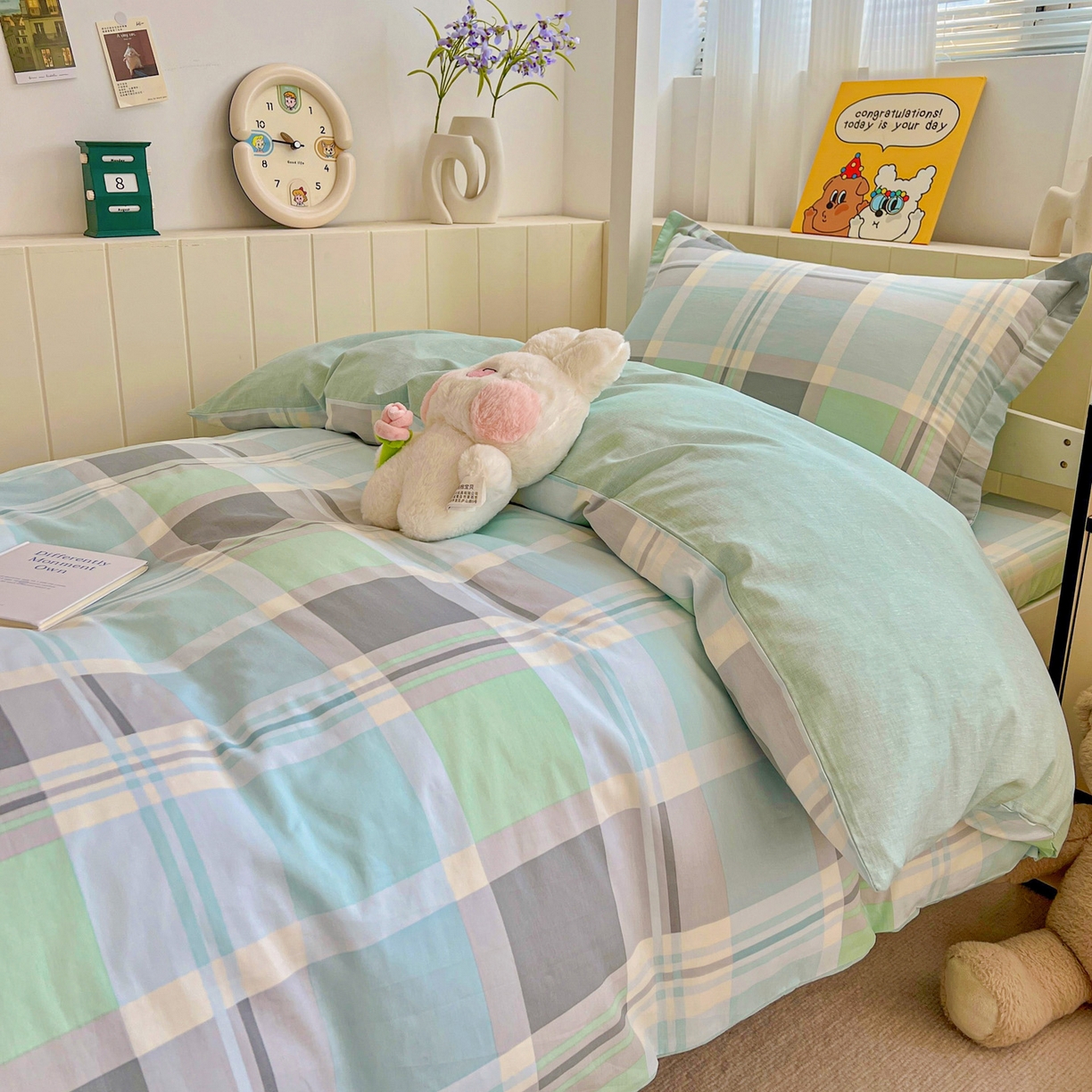 91家纺网 家纺一手货源 找家纺 春雨家居 2025新款学生季全棉三件套（预留缩水） 15.宜家风尚-绿