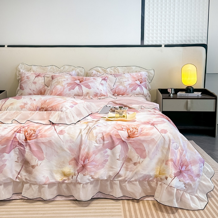 91家纺网 家纺一手货源 找家纺 凤杰家纺 2025新款玉锦缎夏被四件套 小乔春秋粉